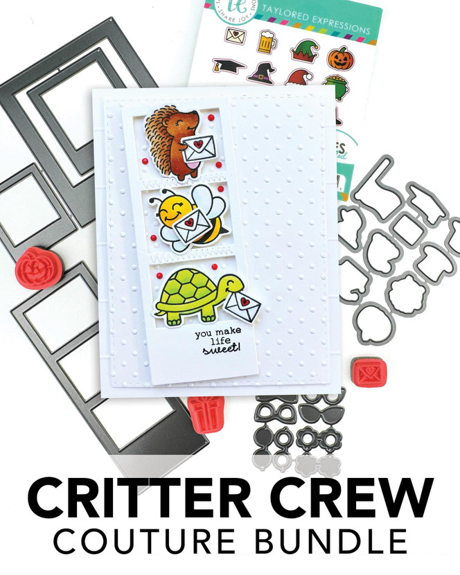Graphic of Critter Crew Couture bundle which includes steel dies and stamps for papercrafting.