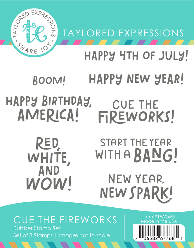 Graphic of Cue the Fireworks Stamp Set which includes sentiments on it for papercrafting.