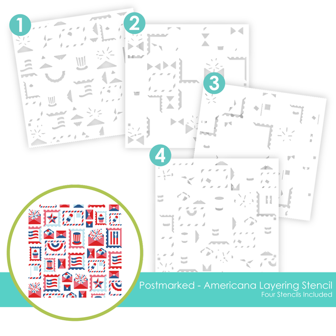 Graphic of Postmarked - Americana Layering Stencil which creates Fourth of July themed items for papercrafting.