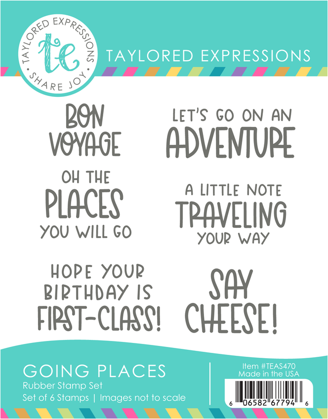 Graphic of Going Places Stamp Set which is a rubber stamp set used for papercrafting.
