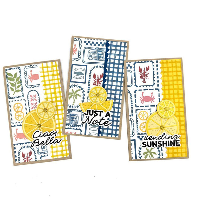 Three handmade greeting cards with gallery way and costal vibes stamps on it and different sunny sayings sentiments on each.