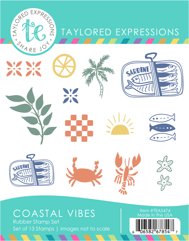 Graphic of Coastal Vibes Stamp Set which includes summer beach themed items on it for papercrafting.