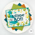 Handmade greeting card of party hats and birthday boy sentiment on it.