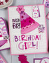 Handmade greeting card with party hat on it and wish big sentiment and birthday girl sentiment on it.