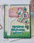 Handmade greeting card with birthday envelopes on it and a mailbox with sending birthday wishes sentiment on it.