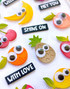 Upclose of handmade greeting card with fruits on it and various sentiments on it.