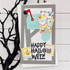 Handmade greeting card with mailbox on it and happy halloween sentiment on it.