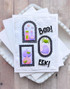 Handmade greeting card with frames on it and pumpkins, potions, and ghosts with boo and eek sentiments on it.