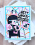 Handmade greeting card with halloween postage items on it and hey, ghoul friend sentiment on it.
