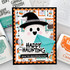Handmade greeting card with ghost on it and happy haunting, you're spooktacular sentiment on it.
