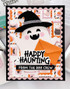 Handmade greeting card with ghost on it and happy haunting from the boo crew sentiment on it.