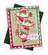 Handmade greeting card with elves on it and sending holiday cheer sentiment on it.
