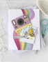 Handmade greeting card with polaroid on it and picture of a bumble bee and hello sentiment on it.