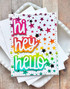 Handmade greeting card with stars and hi, hey, hello sentiment on it.