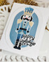 Handmade greeting card with nutcracker on it and happy holidays sentiment on it.