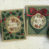 Two handmade greeting cards, one with a circle and peace on earth sentiment on it and the other with merry & bright and ornament sentiment on it.