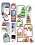 Handmade gift tags with santa, snowmen, ornaments, presents, and mittens on them.