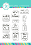 Graphic of Onesie Funsies Clear Stamp Set that includes baby sentiments for papercrafting.