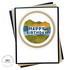 Handmade greeting card with circle on it and mountains with happy birthday sentiment on it.