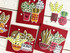 Four handmade greeting cards with plants in pots on it with different sentiments on it.