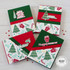 Four different handmade greeting cards with holiday and christmas decor on them with holiday sentiments on each.