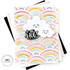 Handmade greeting card with clouds and rainbows on it and big hugs sentiment on it with cardstock in background.