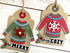Two handmade greeting tags with sweaters on each with one with be merry sentiment on it and one with stay cozy sentiment on it.