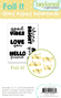 Graphic of packaging of 5 foil it happy sentiments for paper crafting.