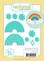 Graphic of packaging of 9 rainbow steel die pieces for paper crafting.