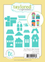 Graphic of packaging featuring four house-shaped steel dies and coordinating accessories for paper crafting.