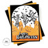 Handmade greeting card with pumpkins, skeletons, and bats on it with happy halloween sentiment on it.