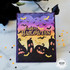 Handmade greeting card with pumpkins and a bat on it with happy halloween sentiment on it.