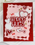 Handmade greeting card with hearts and keys on it with sending hugs sentiment on it.