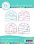 A graphic of packaging of four rubber stamp set including sunrise with waves, rolling hills, mountain reflection, and rolling hills with a path.