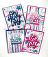 Four handmade greeting cards with different greeting sentiments on them with hearts, stars, streamers, and circles.