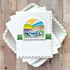 Handmade greeting card with happy father's day sentiment on colorful rolling hills background in an arched frame.