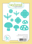 Graphic of packaging of 10 mushroom and flower steel dies for paper crafting.