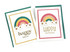 Two handmade greeting cards with one having rainbow and happy hello sentiment and one having rainbow and happy birthday sentiment.