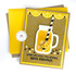 Handmade greeting card with drink cup, citrus fruit, and when life gives you lemons, make lemonade sentiment on it with cardstock in the background.