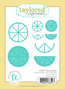 Graphic of a steel die set featuring citrus fruit slices and segments, designed for paper crafting.