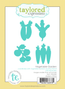 Graphic of 4 steel die vegetable garden set for paper crafting including peas, radish, tomatoes, and carrots.