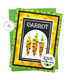 Handmade greeting card with three carrots on it and loves grows here sentiment on it with cardstock in the background.