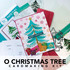 Graphic of O Christmas Tree Cardmaking kit that includes stencil, stamps, and steel die for paper crafting.
