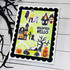 Handmade greeting card with haunted house, monsters, and pumpkins on it with haunted hello sentiment on it.