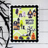 Handmade greeting card with haunted house, monsters, and pumpkins on it with haunted hello sentiment on it.
