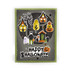Handmade greeting card with haunted houses on it, monsters, pumpkins, a cat, and happy halloween sentiment on it.