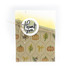 Handmade greeting card of pumpkins, leaves, and bows inside geometric patterns with thank you sentiment on it.