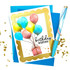 Handmade greeting card with balloons holding up a present on it with birthday wishes sentiment on it. Handmade greeting card with balloons holding up a present on it with birthday wishes sentiment on it.