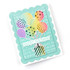 Handmade greeting card with balloons holding up a present on it with happy birthday sentiment on it.