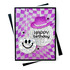 Handmade greeting card with disco balls on it with one having a cowgirl hat on with happy birthday sentiment on it.